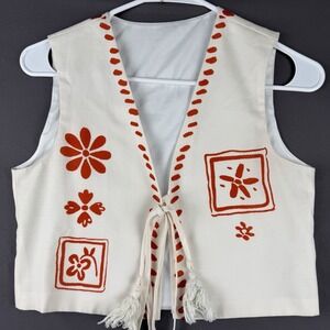 COMMENSE White/Orange Floral Satin Vest Top XS V-Neck Tie Front Tassel